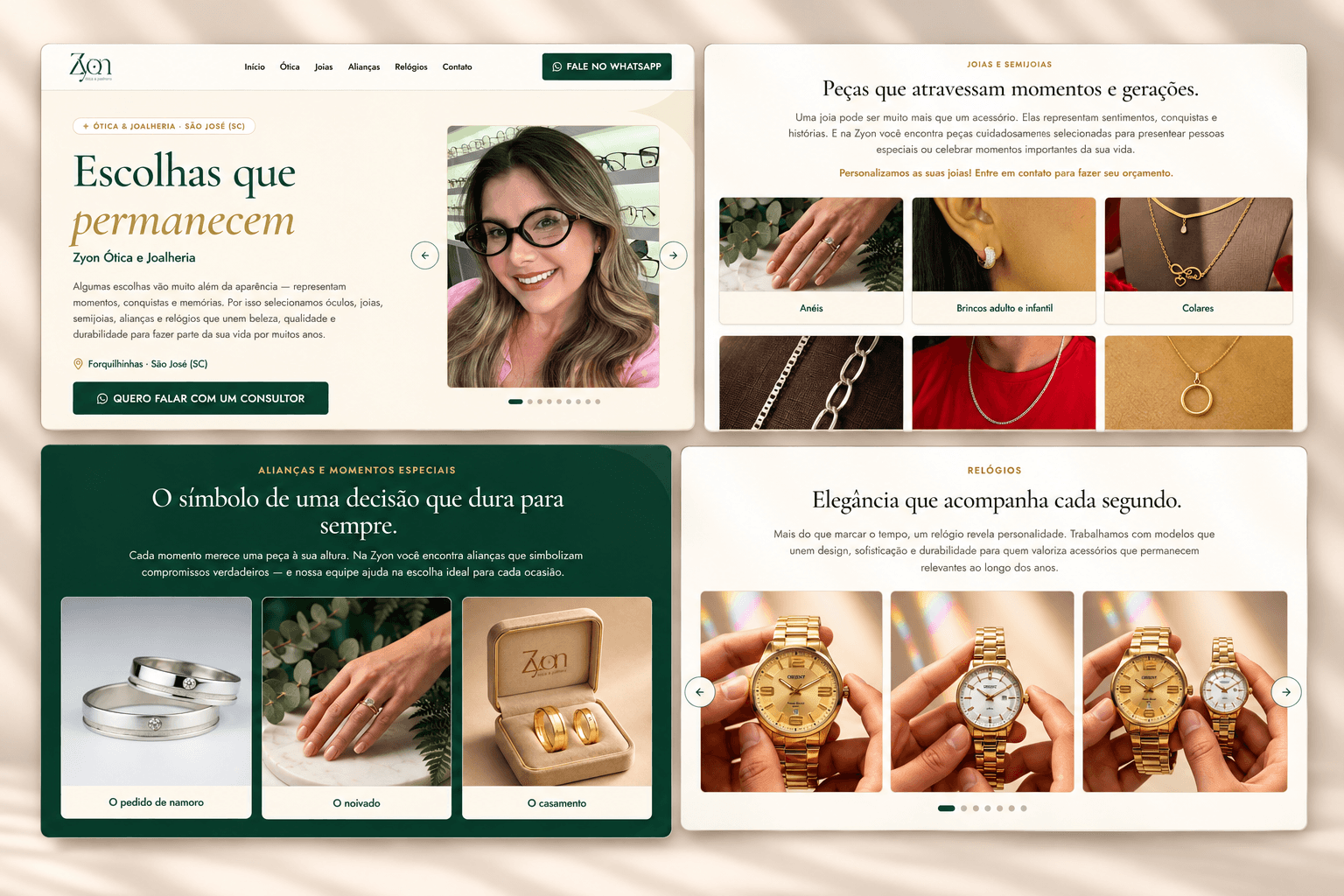 Páginas do site Zyon Ótica e Joalheria